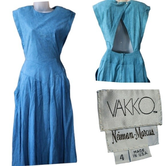 Vintage VAKKO Blue Suede Leather Open Back Midi Dress 4 - Picture 1 of 16